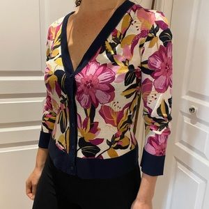 EUC TORY BURCH Navy Floral 100% Wool Cardigan